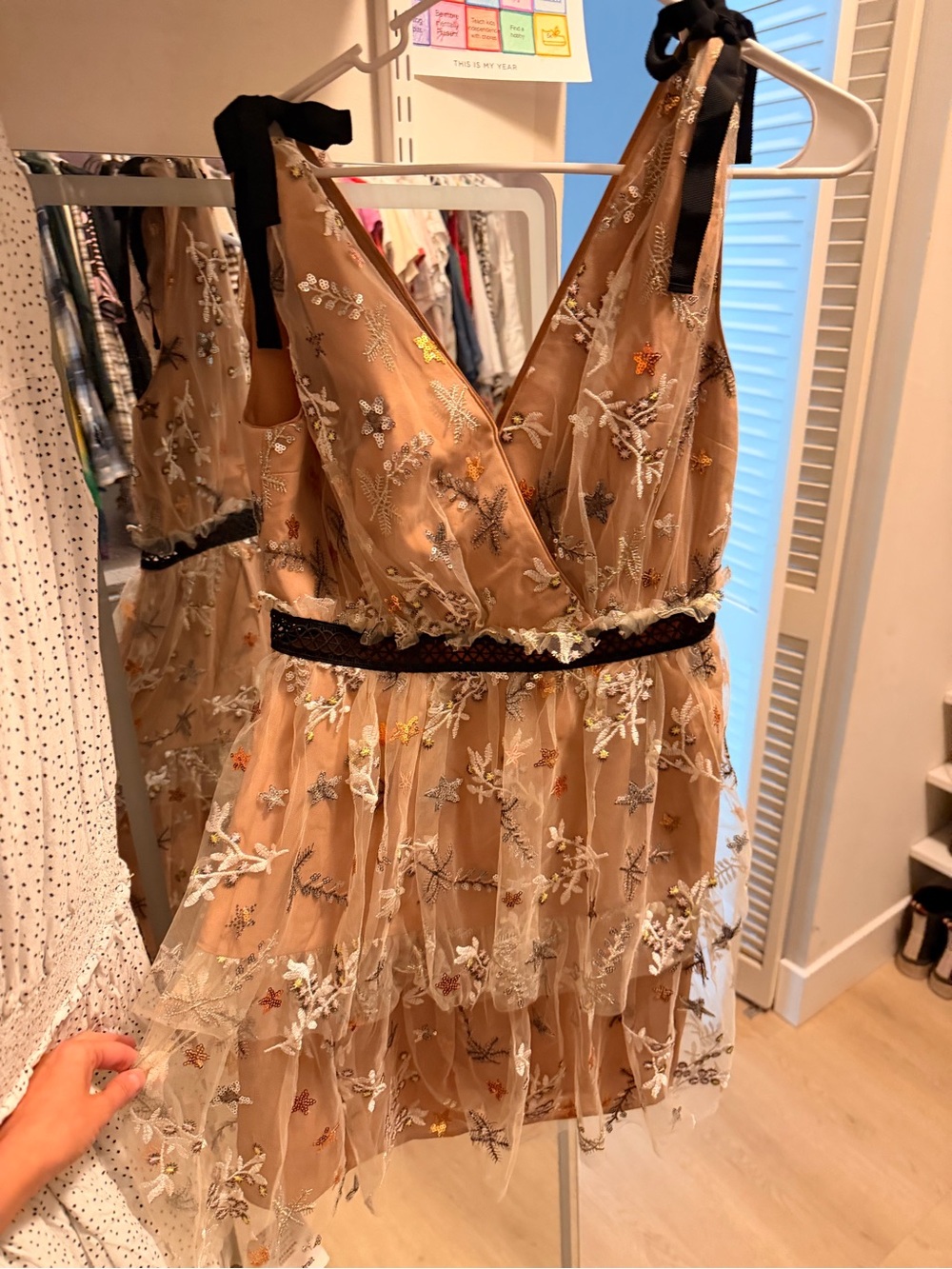 NWT Self portrait dress SIZE 8. Nude with black bows and glittery stars